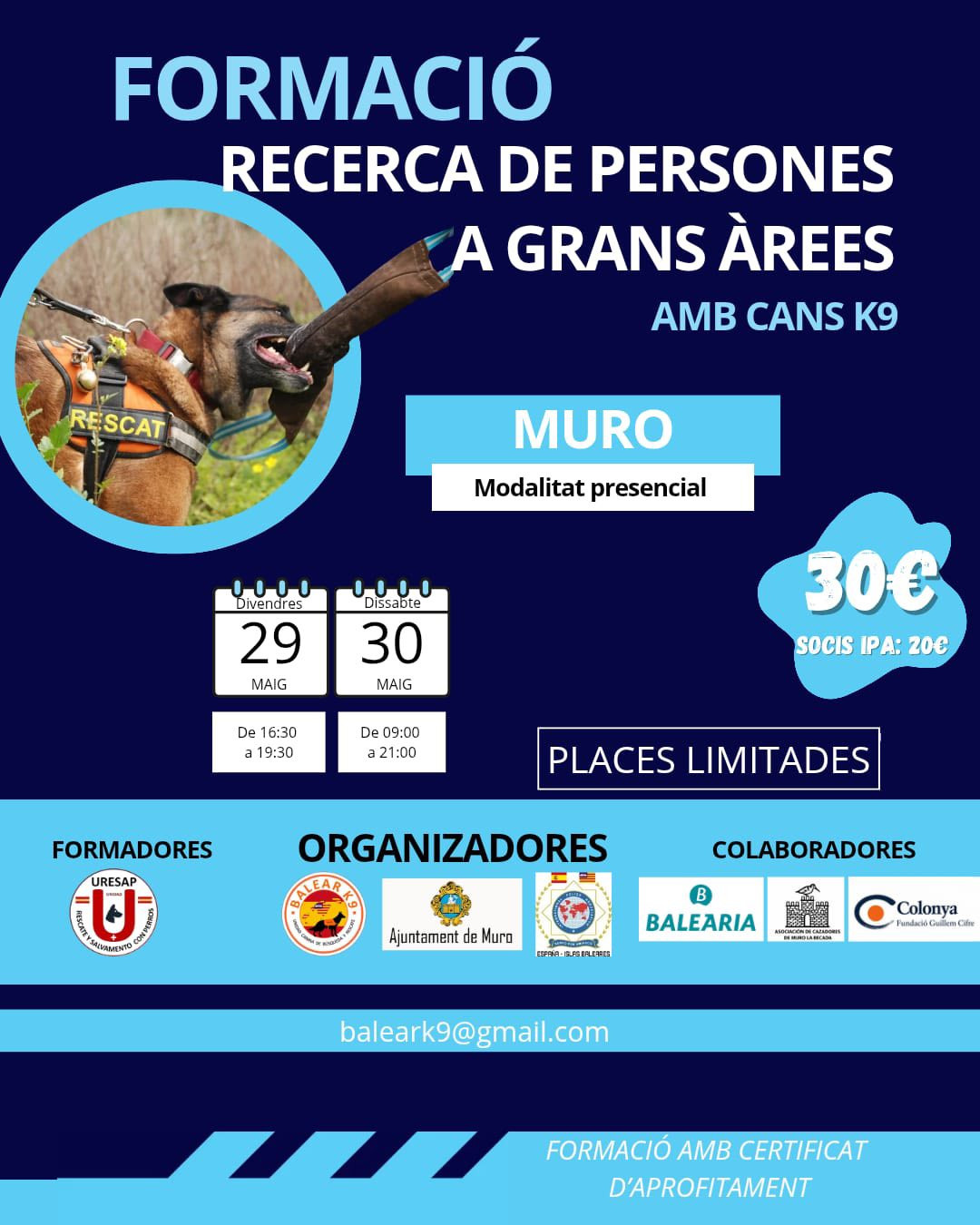 Formació especialitzada en recerca de persones en grans àrees amb cans K9